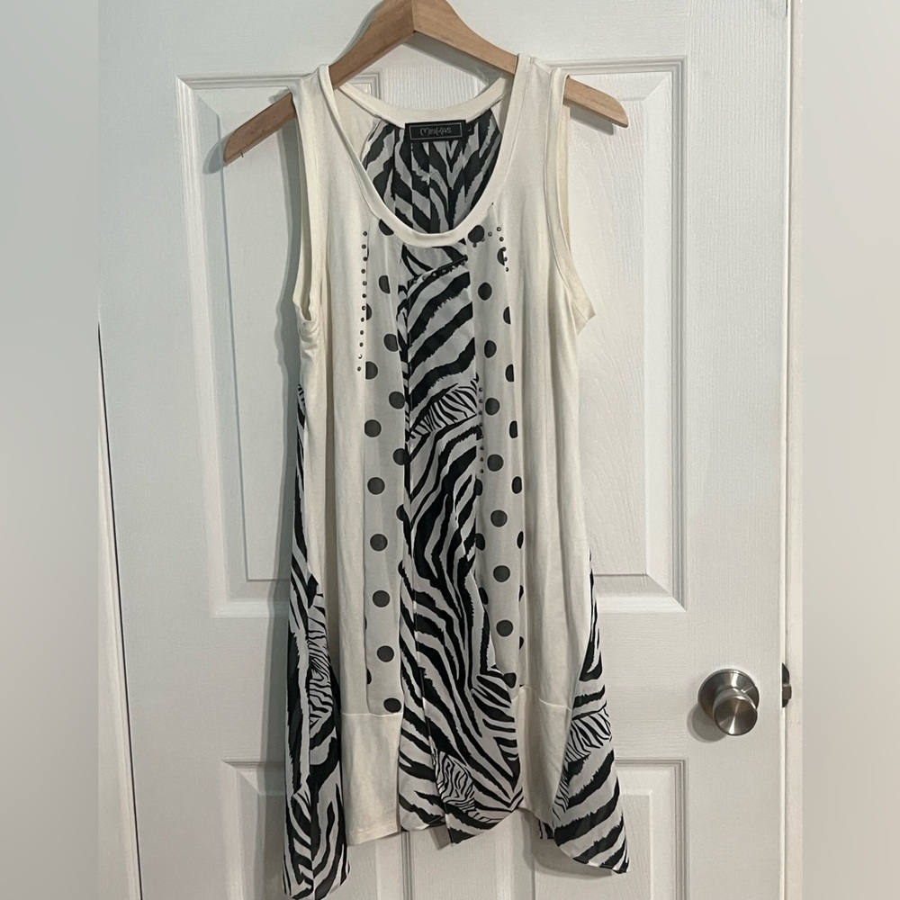 Zebra Wild Animal Print Sleeveless Tunic Mini Dress Size Large White and Black